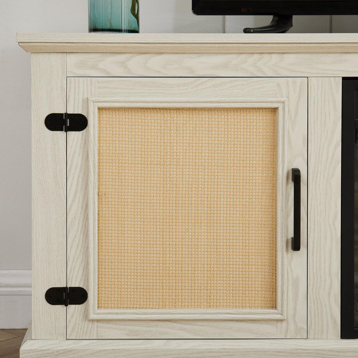 Farmhouse Rattan TV Stand Console Table for TVs up to 70 Inches, TV Console Table with 2 Storage Shelves, 2 Natural Rattan Door Cabinets,65"Wx15.55"Dx23.86"H, White