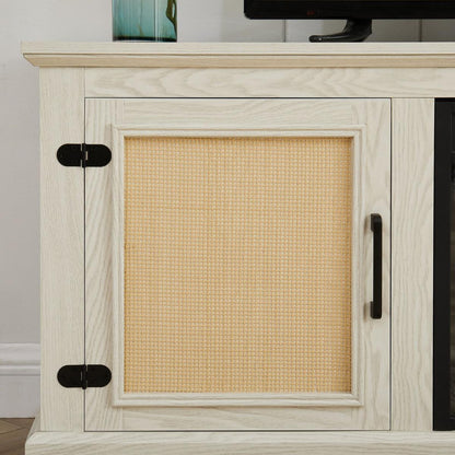 Farmhouse Rattan TV Stand Console Table for TVs up to 70 Inches, TV Console Table with 2 Storage Shelves, 2 Natural Rattan Door Cabinets,65"Wx15.55"Dx23.86"H, White