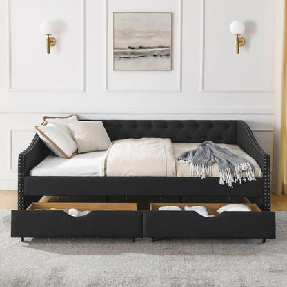 Full Size Daybed with Drawers Upholstered Tufted Sofa Bed, with Button on Back and Copper Nail on Waved Shape Arms(80.5"x55.5"x27.5")