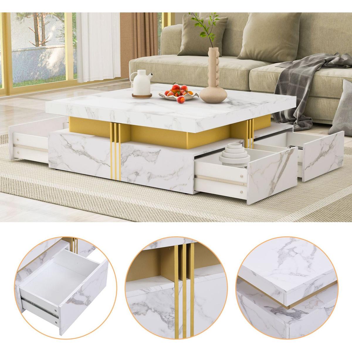 Modern White Square Storage Coffee Table with 4 Drawers