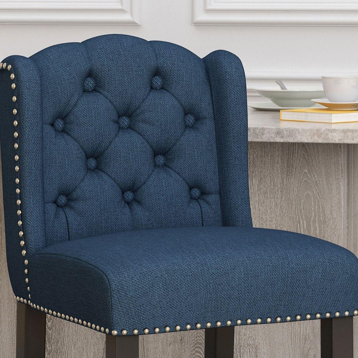 Vienna Contemporary Fabric Tufted Wingback 27 Inch Counter Stools, Set of 2, Navy Blue and Dark Brown - Streamdale Furniture