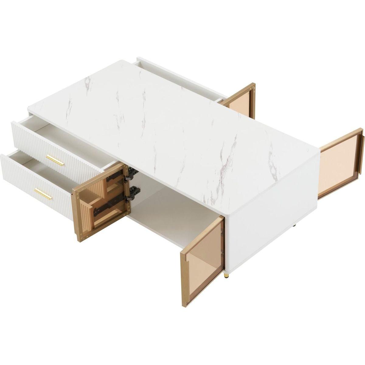 Modern White Coffee Table with 2 Glass Door Storage, 4 Drawers, Gold Metal Legs, and Multi-Color Lighting in 47.2"