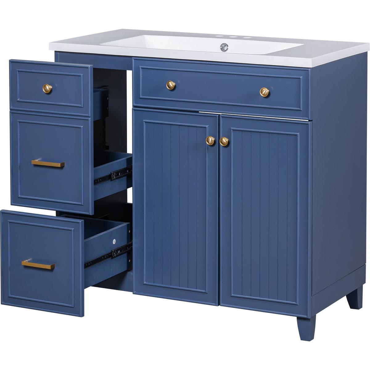 36-inch Bathroom Vanity, Transitional Style Bathroom Cabinet with Resin Sink, Navy Blue Single Bathroom Cabinet, with 2 Drawers and 1 Adjustable Storage Shelf, 2 Soft-close Doors