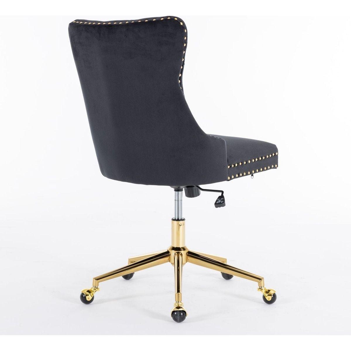 Office Chair,Velvet Upholstered Tufted Button Home Office Chair with Golden Metal Base,Adjustable Desk Chair Swivel Office Chair (Black)