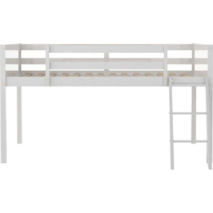Full Size Wood Low Loft Bed with Ladder, ladder can be placed on the left or right, White(O