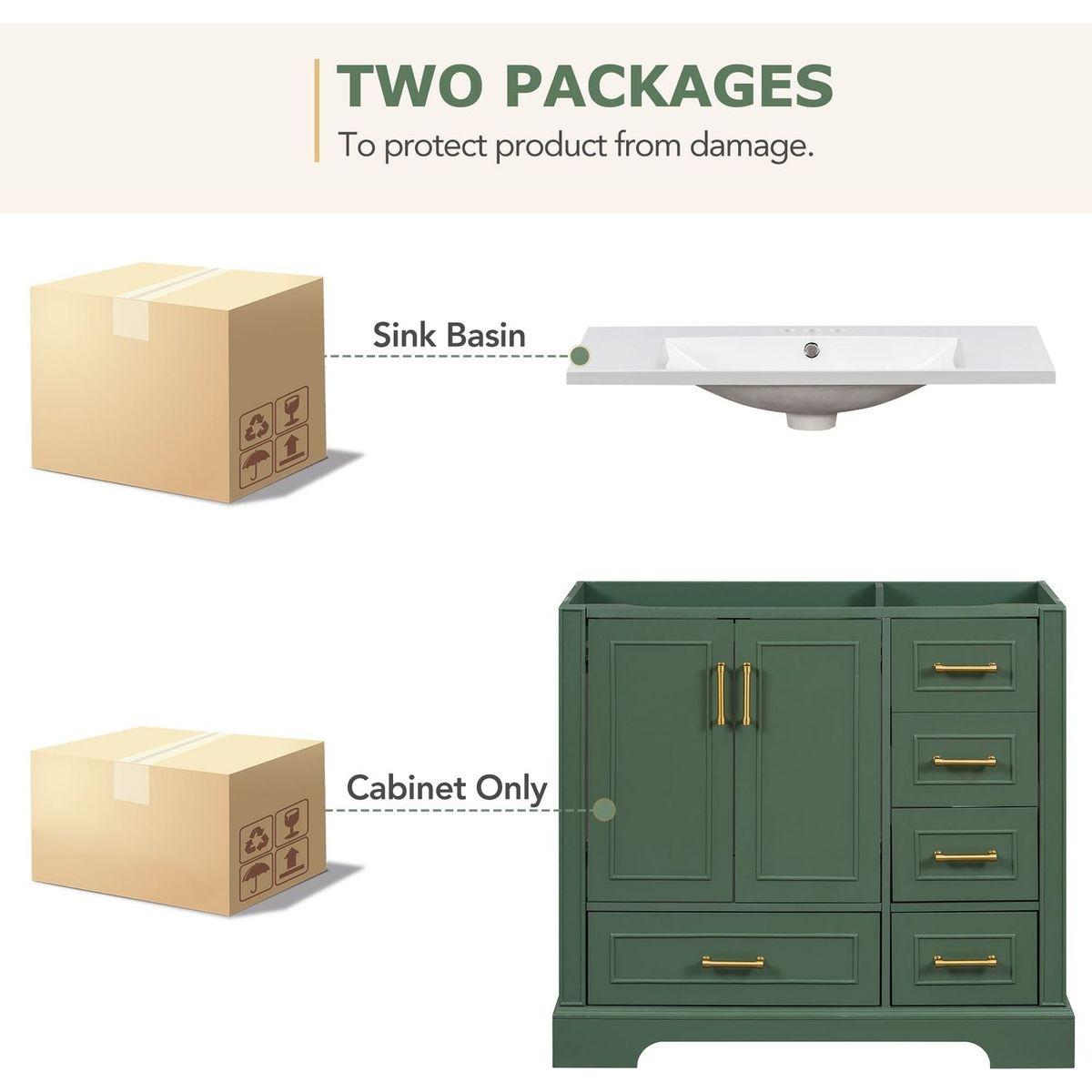 36-inch Traditional Bathroom Vanity with Resin Sink Combo Set, Green Bathroom Cabinet with Two Doors and Four Drawers