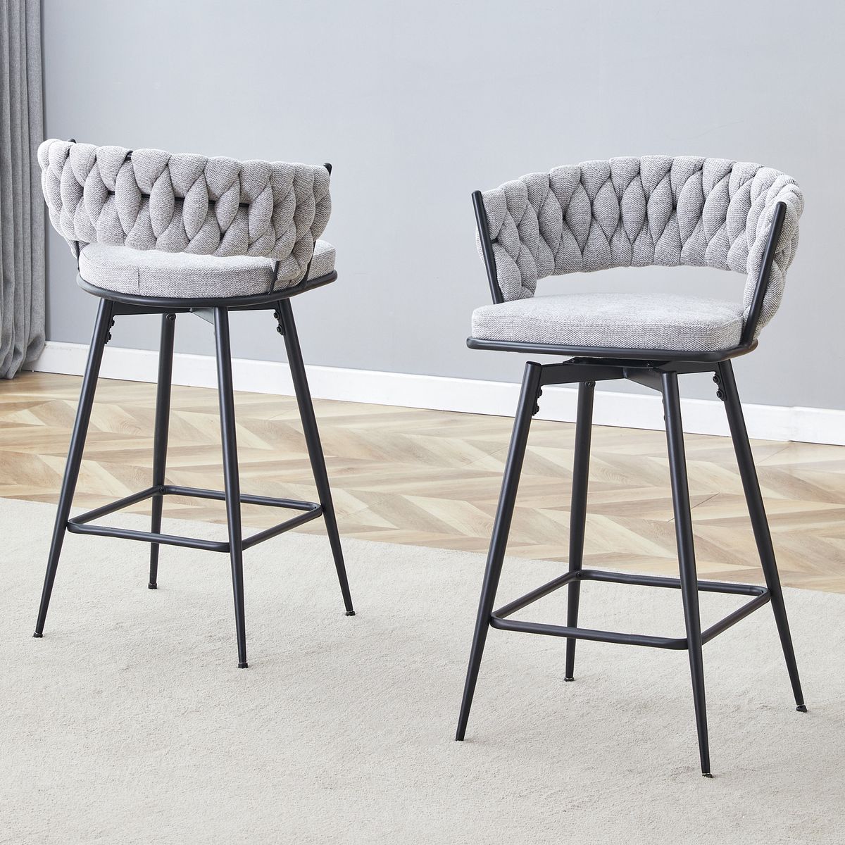 Set of 2 Swivel Bar Stools with Breathable Linen Cushions - Light Gray Seat & Black Iron Frame, Counter Height Stools for Kitchen Island, Dining or Pub
