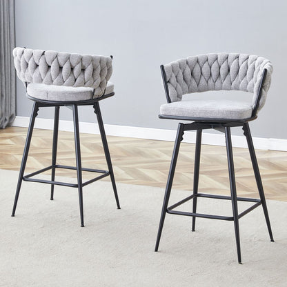 Set of 2 Swivel Bar Stools with Breathable Linen Cushions - Light Gray Seat & Black Iron Frame, Counter Height Stools for Kitchen Island, Dining or Pub
