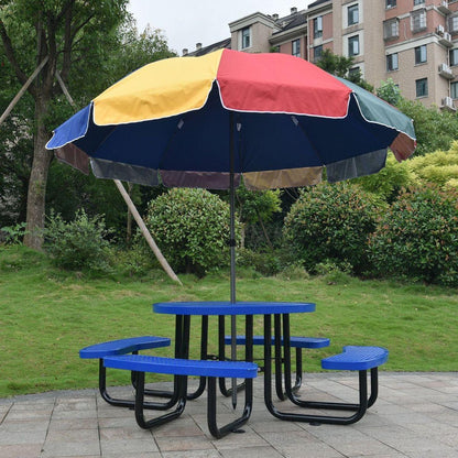 Round Outdoor Steel Picnic Table 46" blue, with umbrella pole