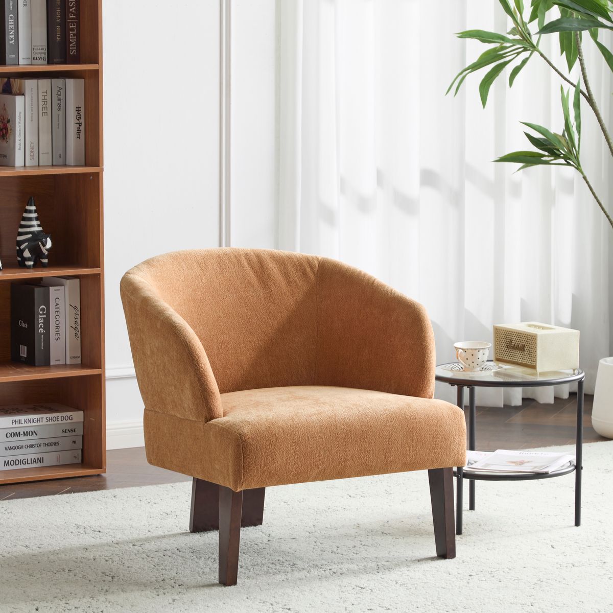 Modern Accent Chair with Round Back & Wooden Legs - Mid-Century Inspired Lounge Chair for Living Room, Bedroom, or Office - Soft Fabric Upholstery