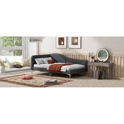 Twin Size Upholstered Daybed with Headboard and Armrest, Support Legs, Grey