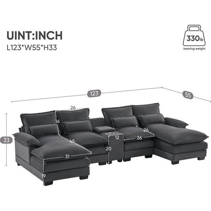 123x55" Modern U-shaped Sofa with Console,Cupholders and USB Ports,6-seat Upholstered Symmetrical Indoor Furniture,Sleeper Couch Set with Chaise for Living Room,Apartment,2 Colors
