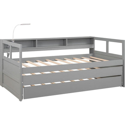 Twin XL Wood Daybed with 2 Trundles, 3 Storage Cubbies, 1 Light for Free and USB Charging Design, Gray