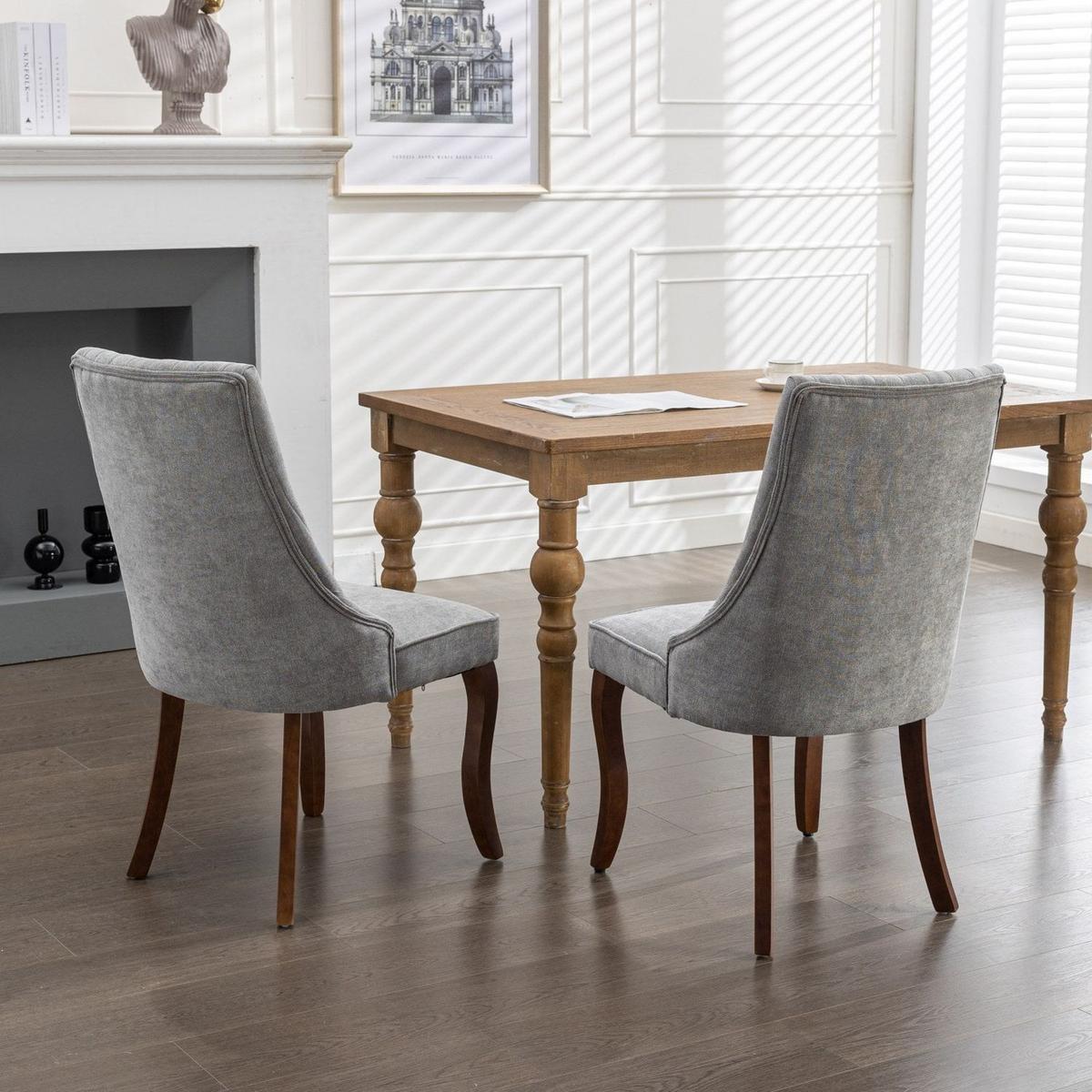 Rayon Cloth Flocking Linen Dining Chairs Channel Kitchen Dinner Chair Comfy Fabric Upholstered Accent Chair for Dining Room with Curved Solid Wood Legs,Set of 2 (Gray)