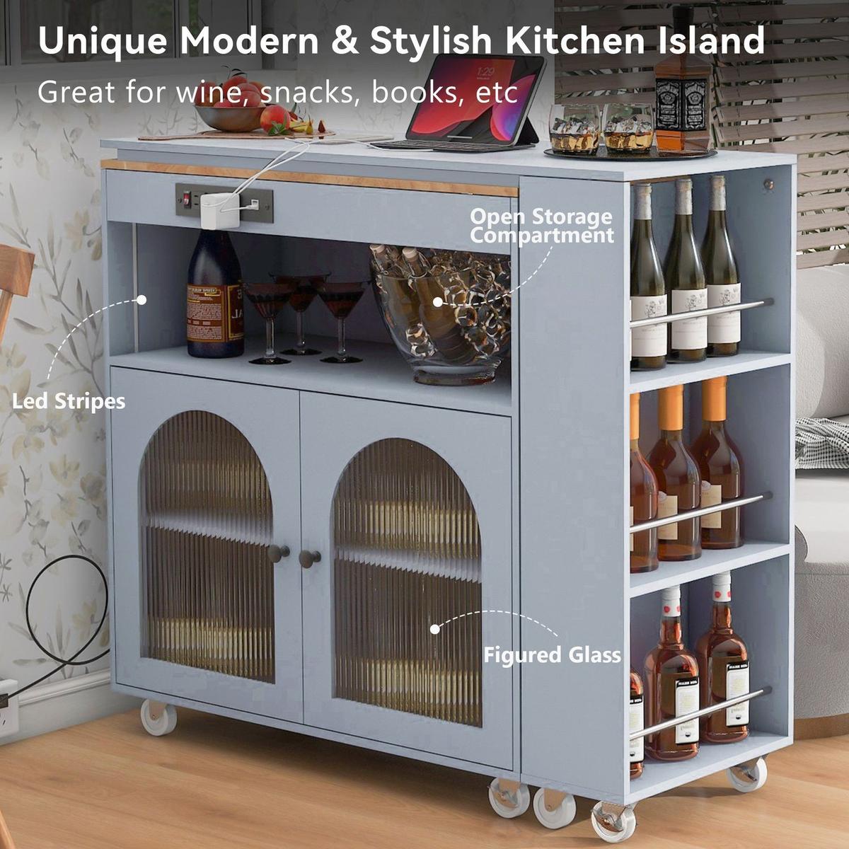Rolling Kitchen Island With Movable Extended Table, Kitchen Cabinet on Wheels with Power Outlets and 2 Fluted Glass Doors, Kitchen Island with a Storage Compartment and Side 3 Open Shelves, Grey