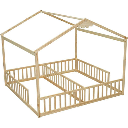 Double Twin House-Style Floor Bed with Fence, Guardrails, without door, Natural
