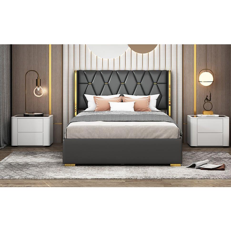 Full Size Upholstered Platform Bed with Metal Strips, Black