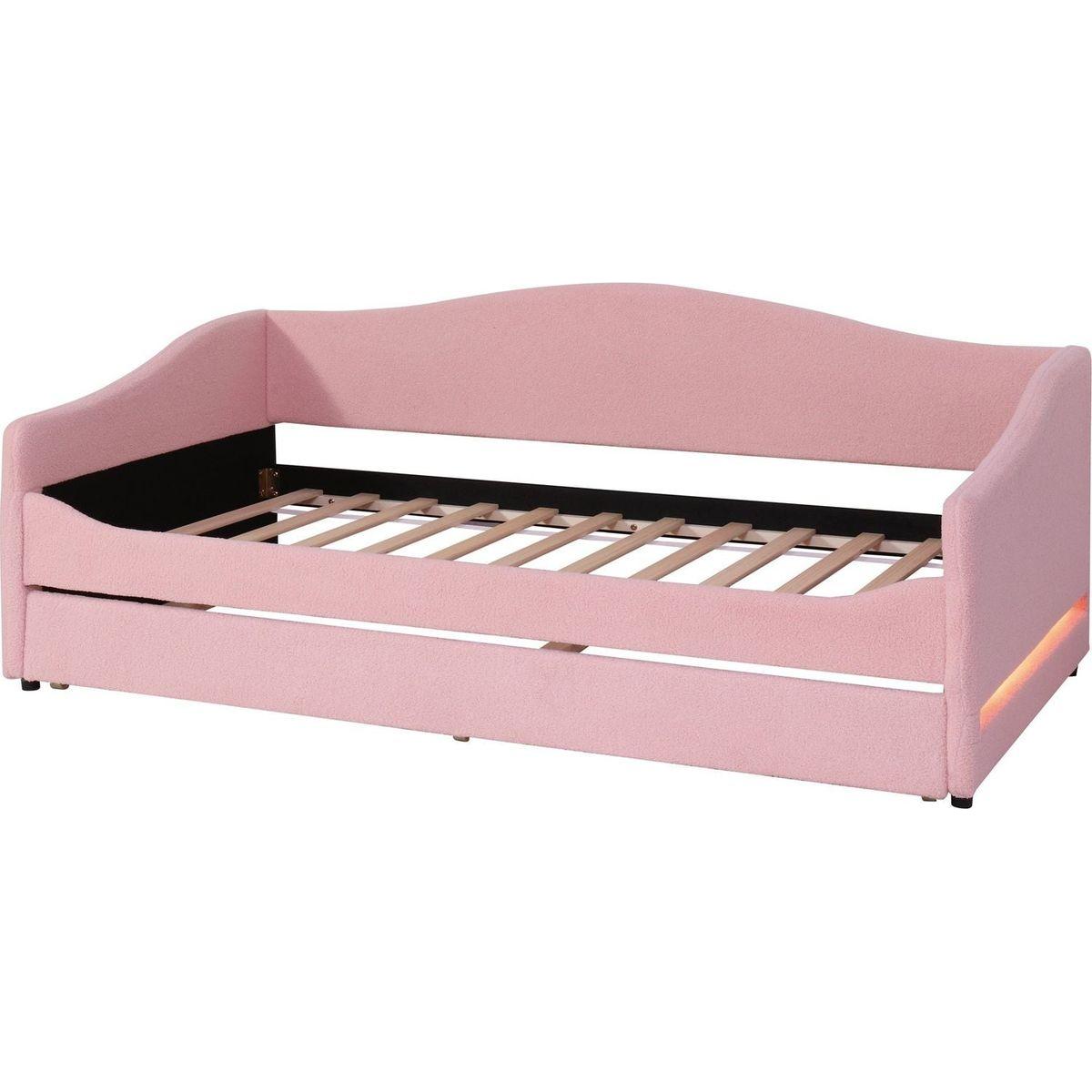 Teddy Fleece Twin Size Upholstered Daybed with Light and Trundle, Pink