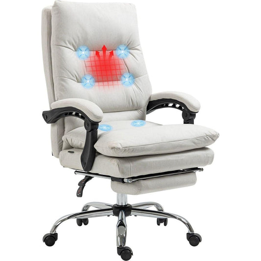 Vinsetto Microfibre Executive Massage Office Chair, Computer Desk Chair, Heated Reclining Chair with Footrest, Double-tier Padding, Swivel Wheels, Cream White