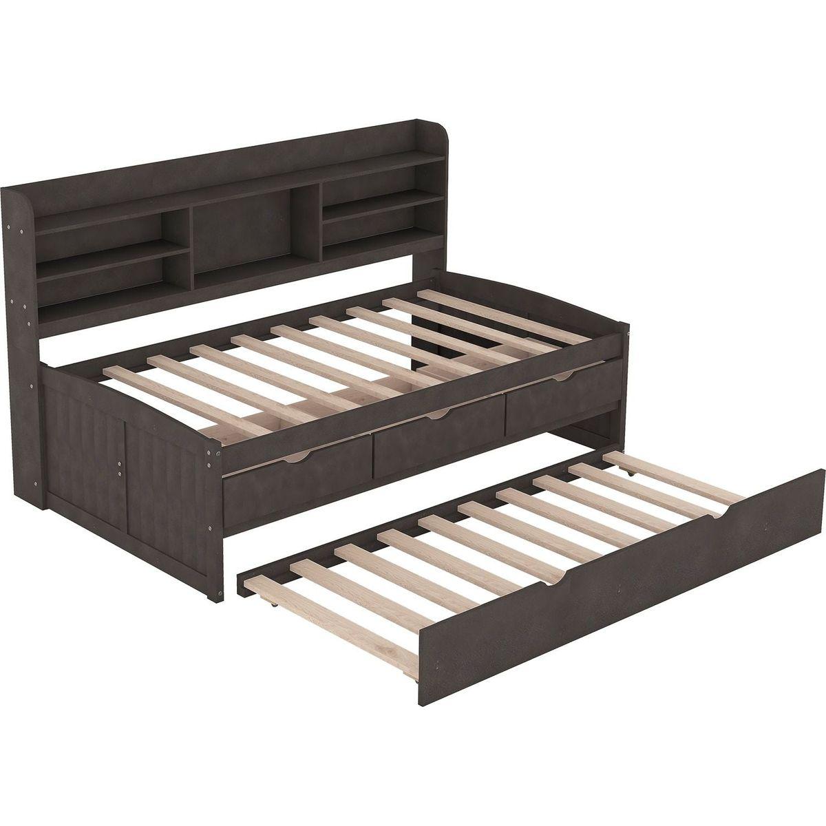 Twin Size Wooden Captain Bed with Built-in Bookshelves,Three Storage Drawers and Trundle,Antique Gray