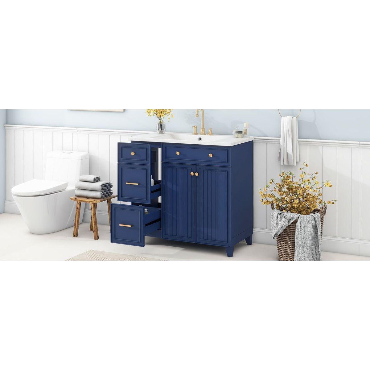 36-inch Bathroom Vanity, Transitional Style Bathroom Cabinet with Resin Sink, Navy Blue Single Bathroom Cabinet, with 2 Drawers and 1 Adjustable Storage Shelf, 2 Soft-close Doors