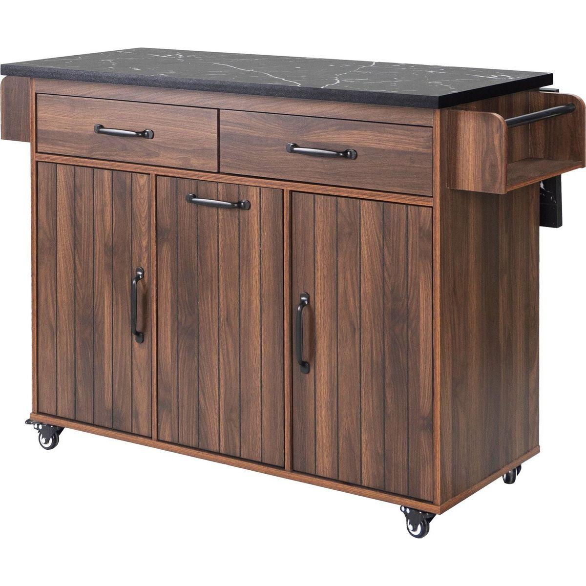 Kitchen Island with Trash Can Storage Cabinet, Kitchen Cart with Drop Leaf, Spice Rack, Towel Rack and Drawer, Rolling Kitchen Island on Wheels with Adjustable Shelf, Walnut Brown