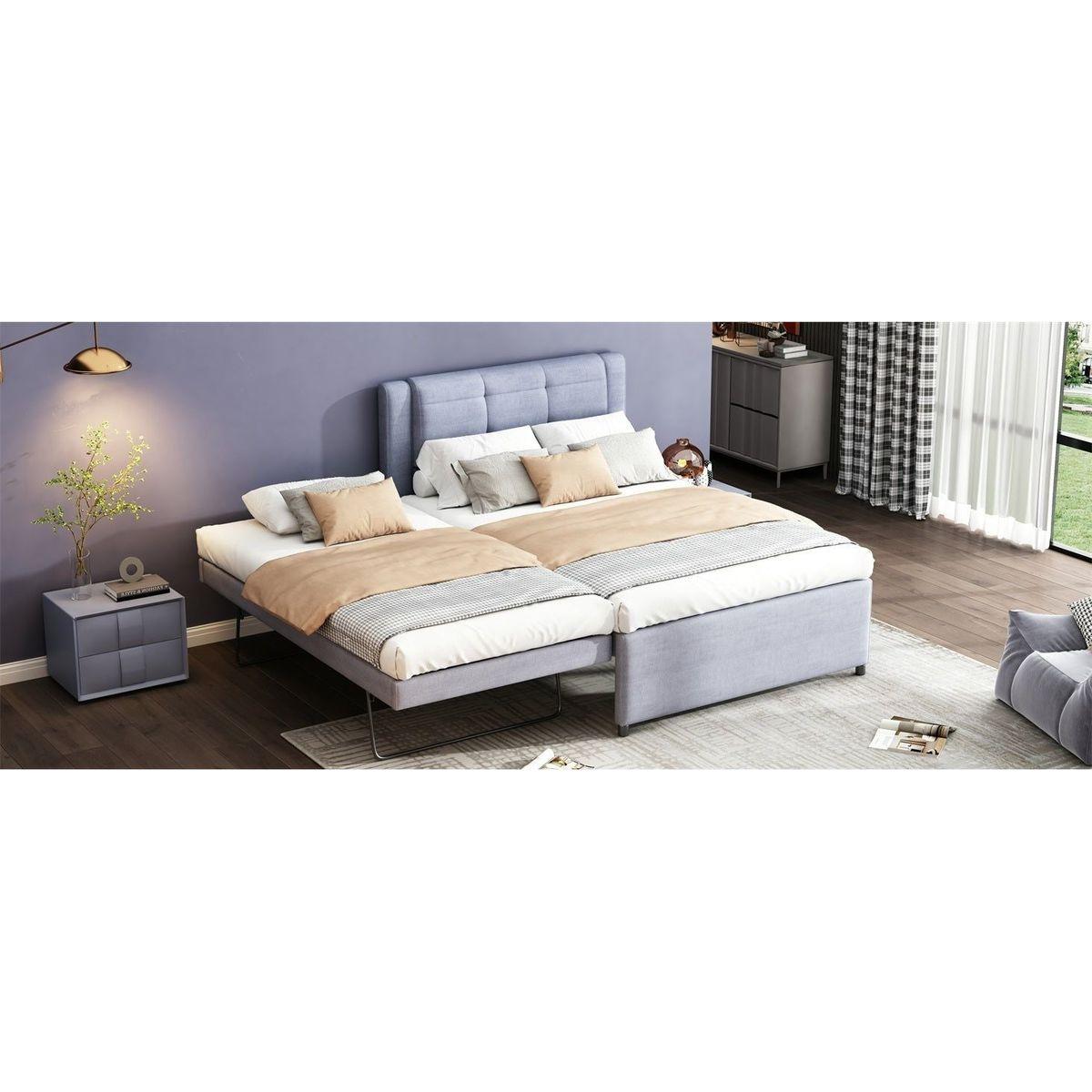 Full Size Upholstery platform bed with Trundle,Trundle can be flat or erected, Gray