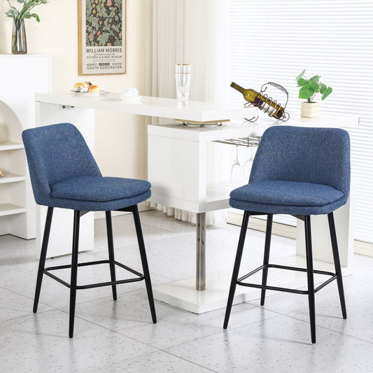 Counter Height Swivel Bar Stools Set of 2, 360° Swivel Upholstered Barstools with Back and Metal Legs, 25.6' Seat Height,Counter Stools for Kitchen Island and Pub,Linen Cloth,Blue Linen