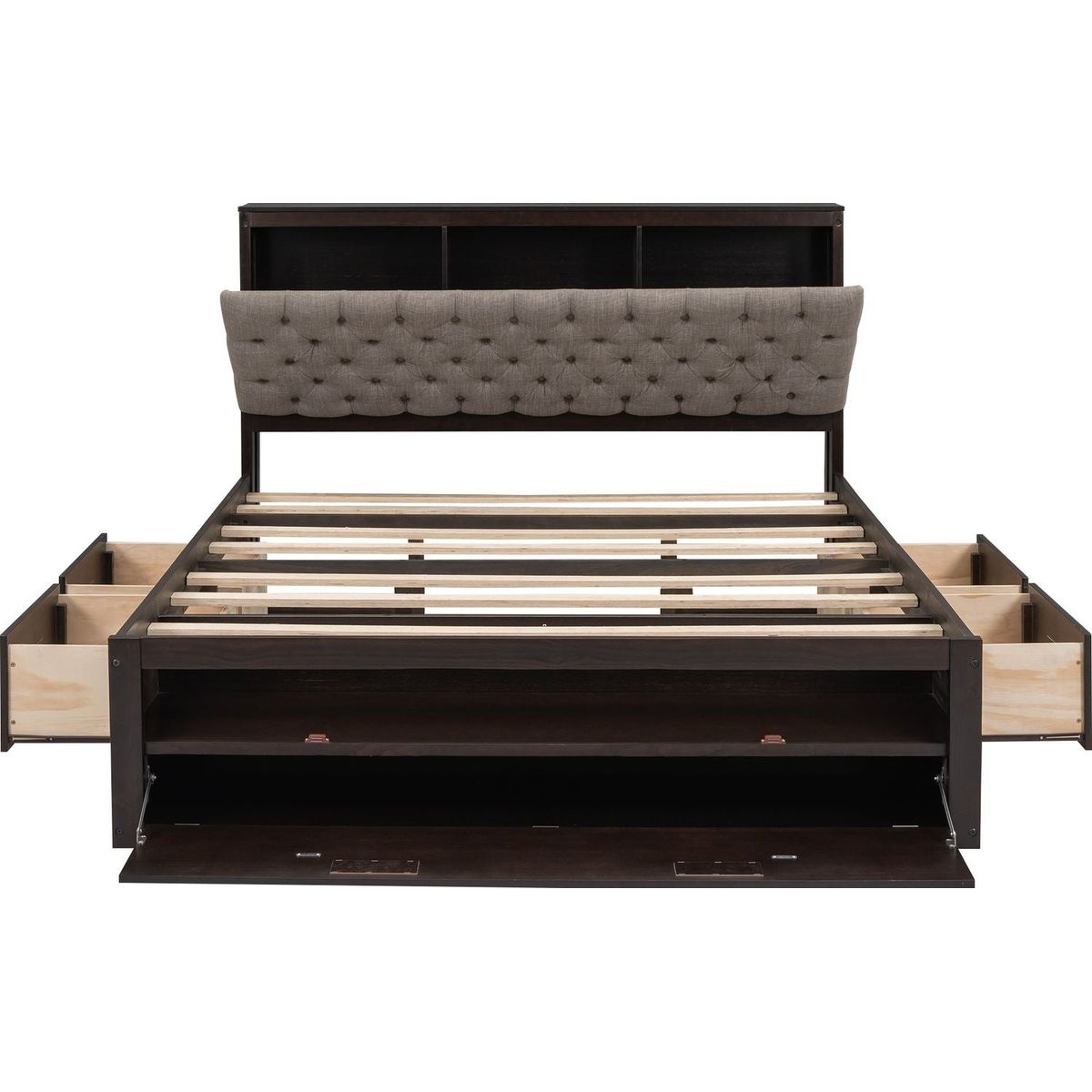 Wood Queen Size Platform Bed with Storage Headboard, shoe rack and 4 drawers,Espresso