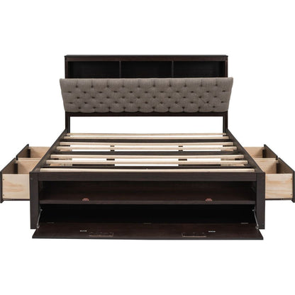 Wood Queen Size Platform Bed with Storage Headboard, shoe rack and 4 drawers,Espresso