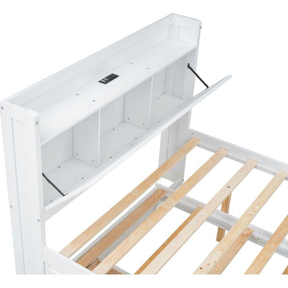 Full Size Wooden Bed with Storage Headboard with Outlets, Extendable Bed with Twin Size Trundle with Three Storage Drawers,White
