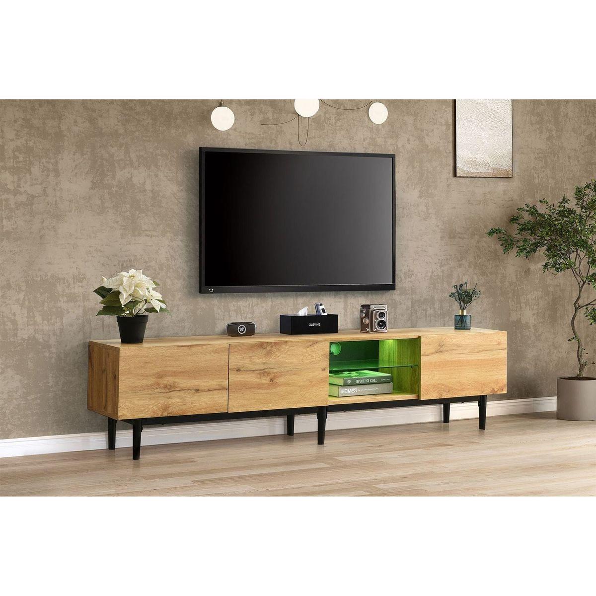 Modern TV Stand with 4 Cabinets& Open Shelves, Color-matching Media Console Table for TVs up to 80" with LED Light, Entertainment Center with Drop Down Door for Living Room, Bedroom, Home Theatre