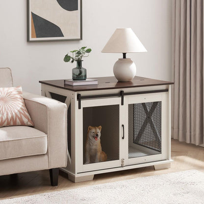 Farmhouse Dog Cage Crate Furniture with Sliding Barn Door, Farmhouse Wooden Dog Kennel End Table with Flip-top Plate Dog House with Detachable Divider for Small/Medium/Large Dog White
