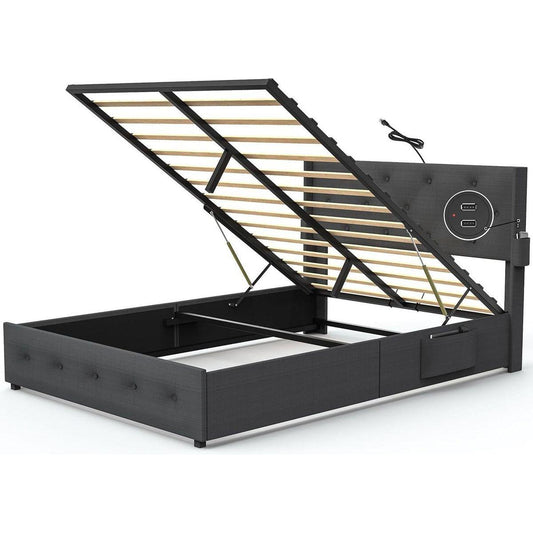 Queen Size Bed Frame with Storage - Lift Up Storage Bed with Modern Wingback Headboard, USB Ports