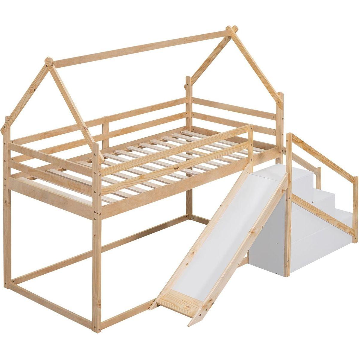 Twin over Twin House Loft or Bunk Bed with Slide and Staircase, Natural