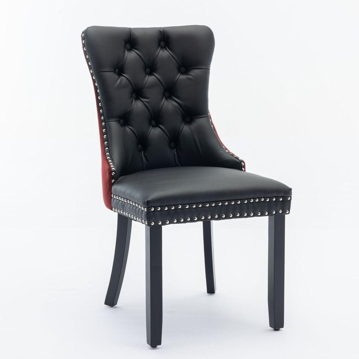 Nikki Collection Modern, High-end Tufted Solid Wood Contemporary PU and Velvet Upholstered Dining Chair with Wood Legs Nailhead Trim 2-Pcs Set, Black+WineRed, Burgundy