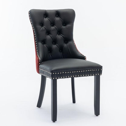 Nikki Collection Modern, High-end Tufted Solid Wood Contemporary PU and Velvet Upholstered Dining Chair with Wood Legs Nailhead Trim 2-Pcs Set, Black+WineRed, Burgundy