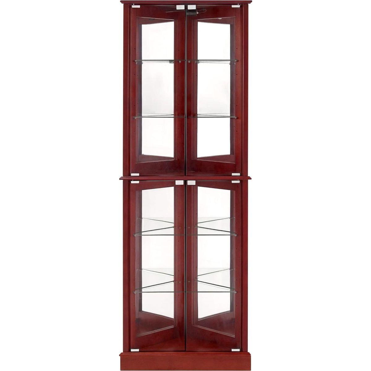 Corner Curio Dispaly Cabinet with Lights, Adjustable Tempered Glass Shelves, Mirrored Back,Cherry