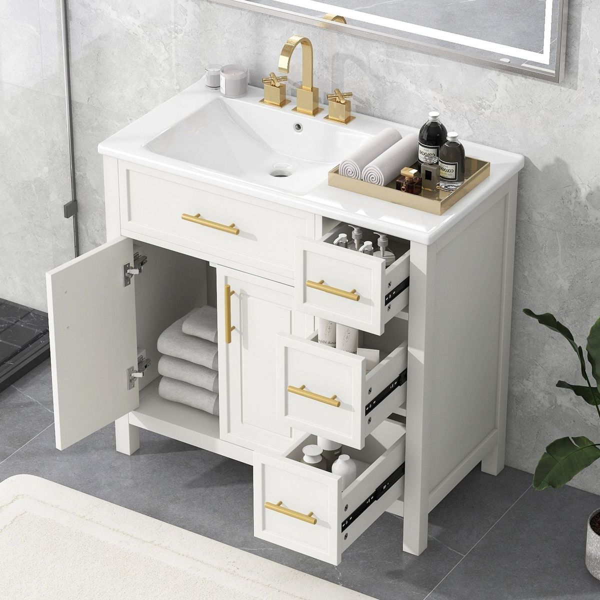 36" Bathroom Vanity with Sink Top, Bathroom Vanity Cabinet with Two Doors and Three Drawers, Solid Wood, MDF Boards, One Package, Off White