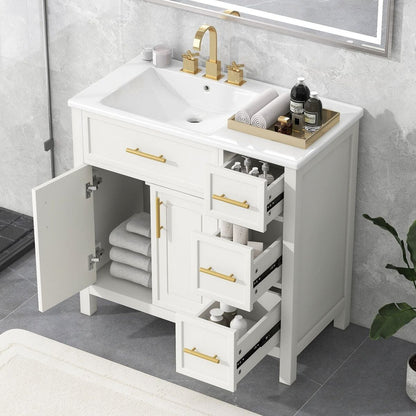 36" Bathroom Vanity with Sink Top, Bathroom Vanity Cabinet with Two Doors and Three Drawers, Solid Wood, MDF Boards, One Package, Off White