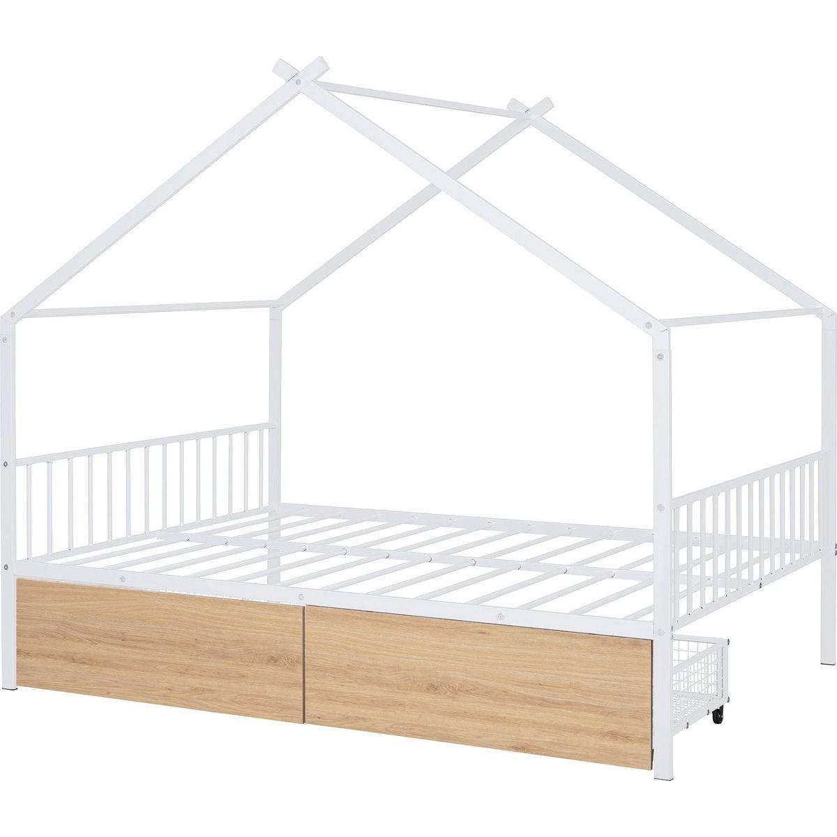 Full Size Metal House Bed with Two Drawers, White