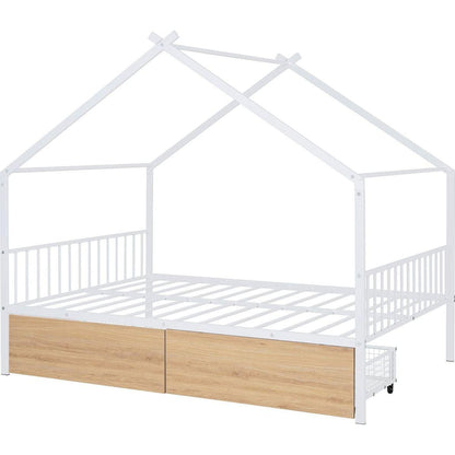 Full Size Metal House Bed with Two Drawers, White