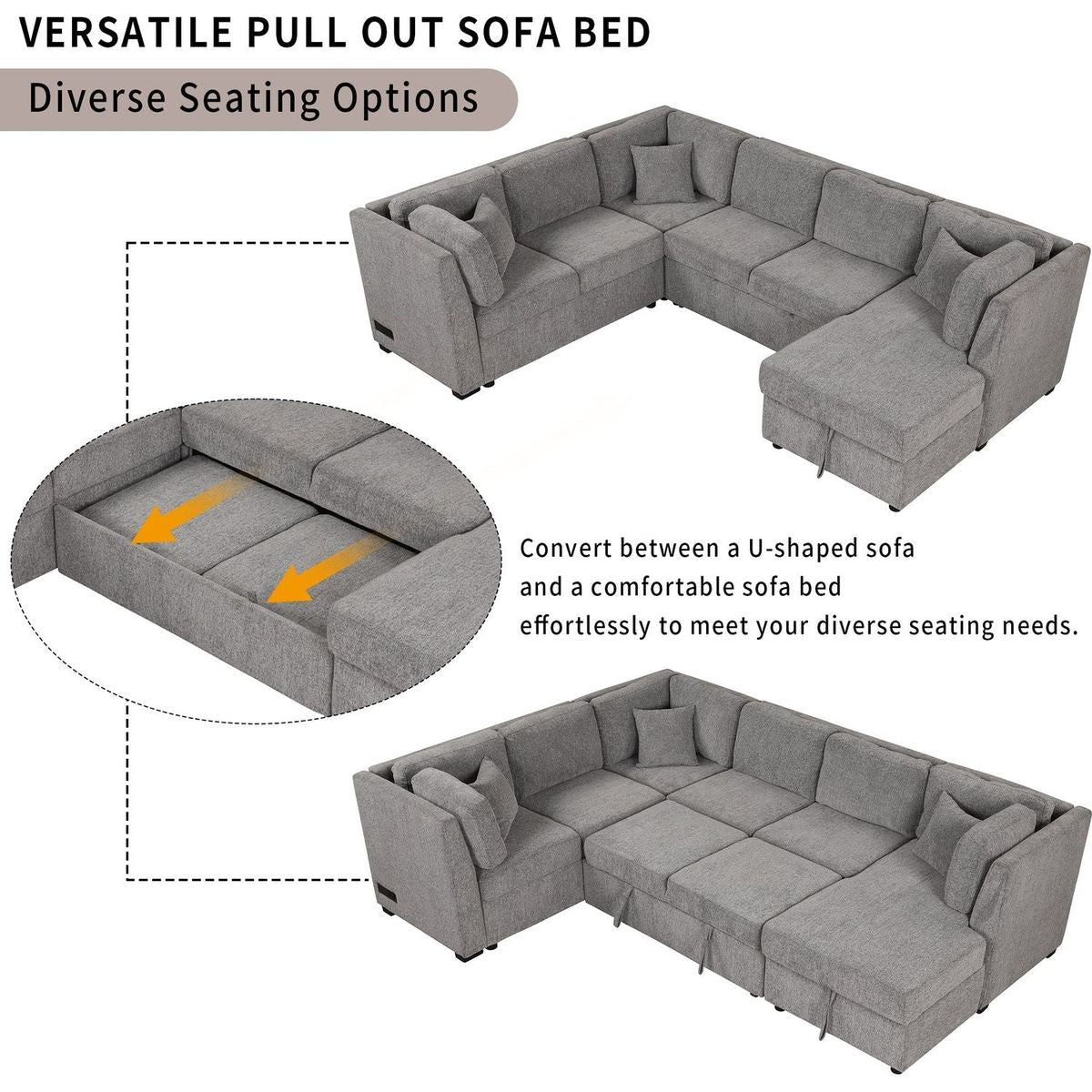 108.6" U-shaped Sectional Sofa Pull out Sofa Bed with Two USB Ports, Two Power Sockets, Three Back Pillows and a Storage Chaise for Living Room, Light Gray
