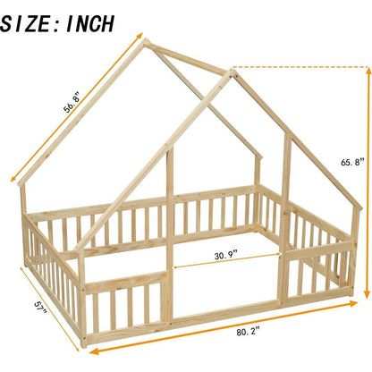 Full Wood House-Shaped Floor Bed with Fence, Guardrails,Natural