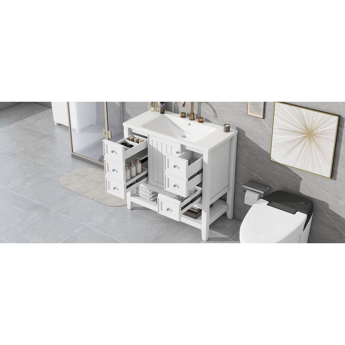 36" Bathroom Vanity with Sink Combo, One Cabinet and Three Drawers, Solid Wood and MDF Board, White