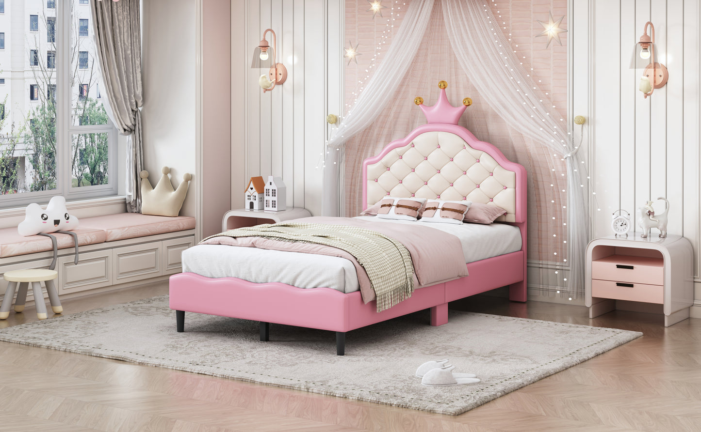 Twin Size Lovely Crown Fantasy PU Leather Princess Bed with Tufted Headboard, Pink+Cream