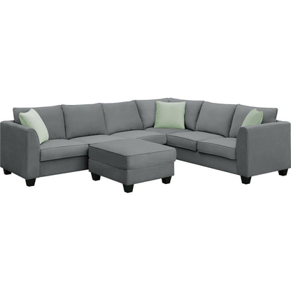 112x87" Sectional Sofa Couches Living Room Sets, 7 Seats Modular Sectional Sofa with Ottoman, L Shape Fabric Sofa Corner Couch Set with 3 Pillows, Grey(New of GS008210AAG)