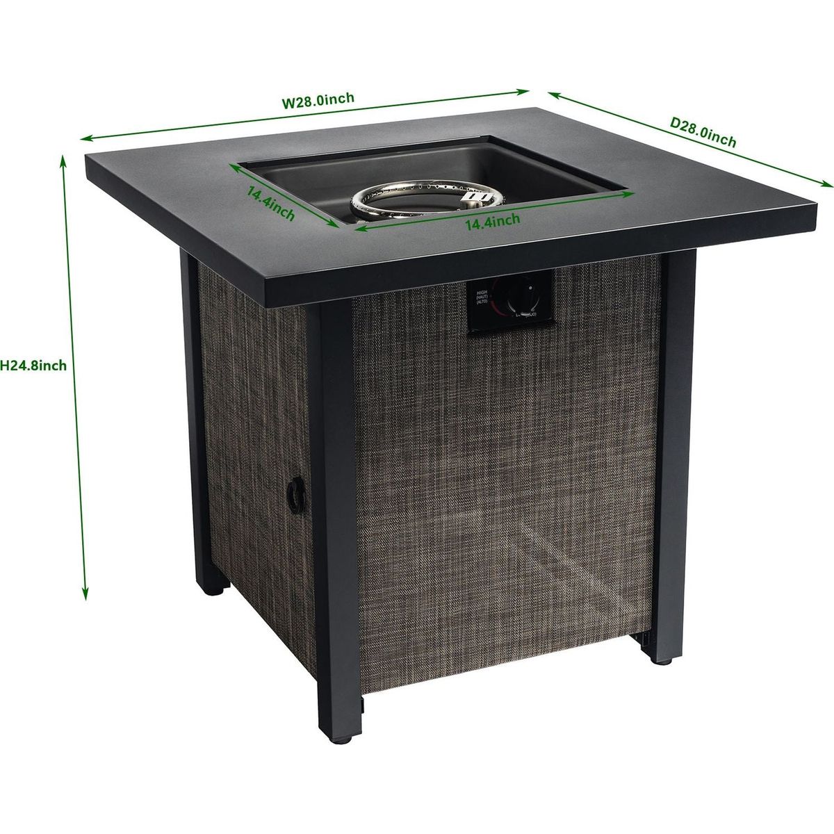 40000BTU Square Propane Fire Pit Table Steel Tabletop with Textilene Side Panel, Steel Lid and Rocks