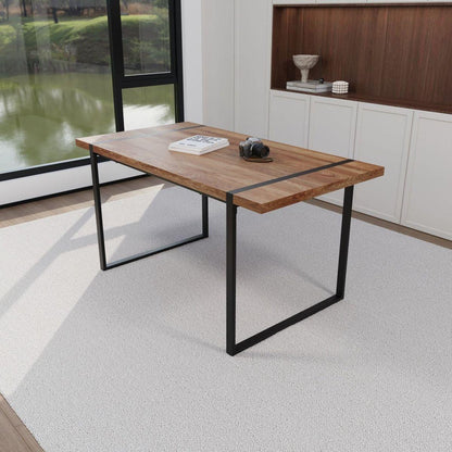 59 "rural industrial rectangular MDF natural wood dining table, 4-6 people, 1.5" thick engineering wood tabletop and black rectangular metal legs, used for writing desks, kitchens, terraces