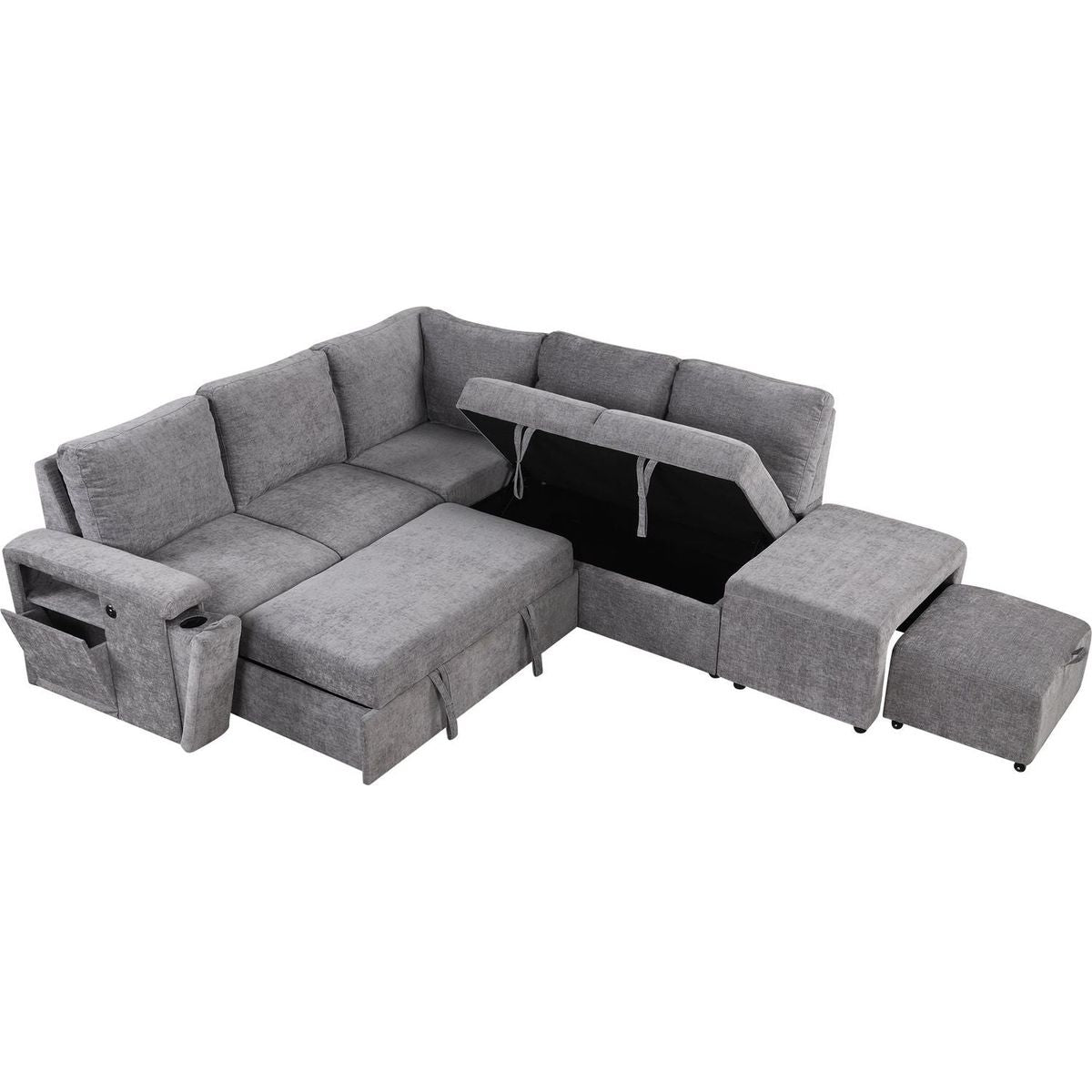 L-shaped Padded Modular Sofa with Storage Space, USB Ports, and Cup Holders on the Armrests, Suitable for Living Rooms, Offices, and Apartments.